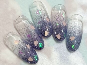 チェリーズネイル(Cherrys Nail)/ラメグラ ネイビー 桜ネイル