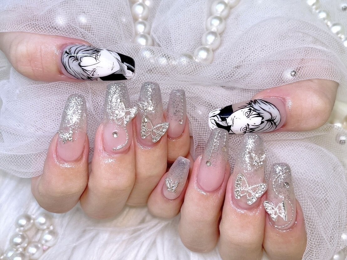 04))ネイルチップ フレンチガーリー ワンホン 蝶々バタフライネイル ホワイト 04))ネイルチップ フレンチガーリー ワンホン 蝶々バタフライネイル