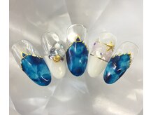 ラリュールネイル(L'Allure nail)/夏★青タイダイ柄フレンチ￥8200