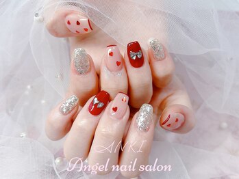 エンジェルネイルサロン(Angel nail salon)/ハートXレッドxリボンパーツ追加