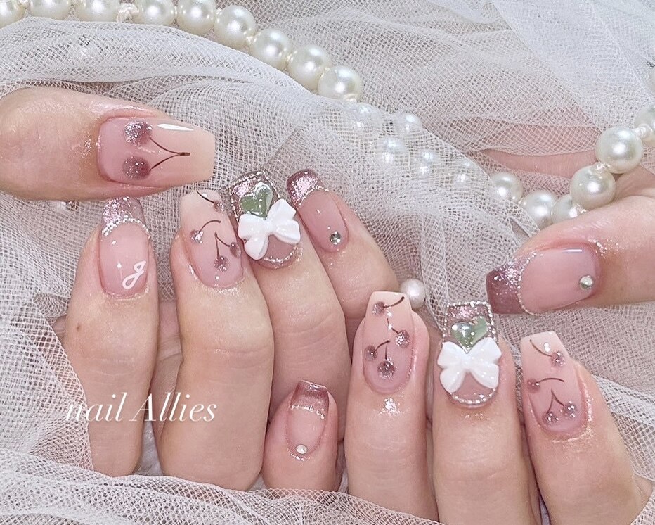 ネイルチップ チェリーさくらんぼラメフレンチガーリーちゅるん量産型 オーダー ネイルチップ 量産型 韓国 フレンチガーリー さくらんぼ チェリー