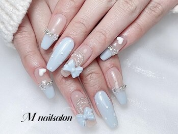 Mネイル/ブルーネイル|リボン
