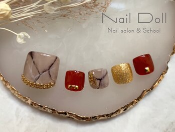 ネイルドール(Nail Doll)/フット 大理石風×ボルドー