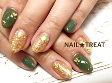 ネイルトリート 茨木駅前店(NAIL TREAT)/カーキ×ゴールドネイル
