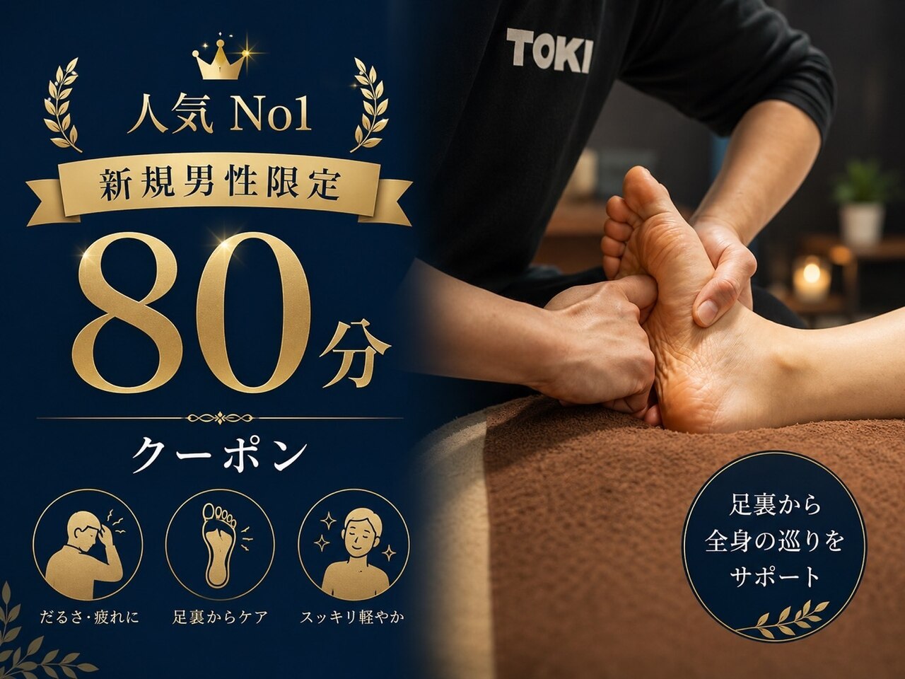 【人気No.1】男性限定　「本格足つぼ」 80分 \8000→\7000