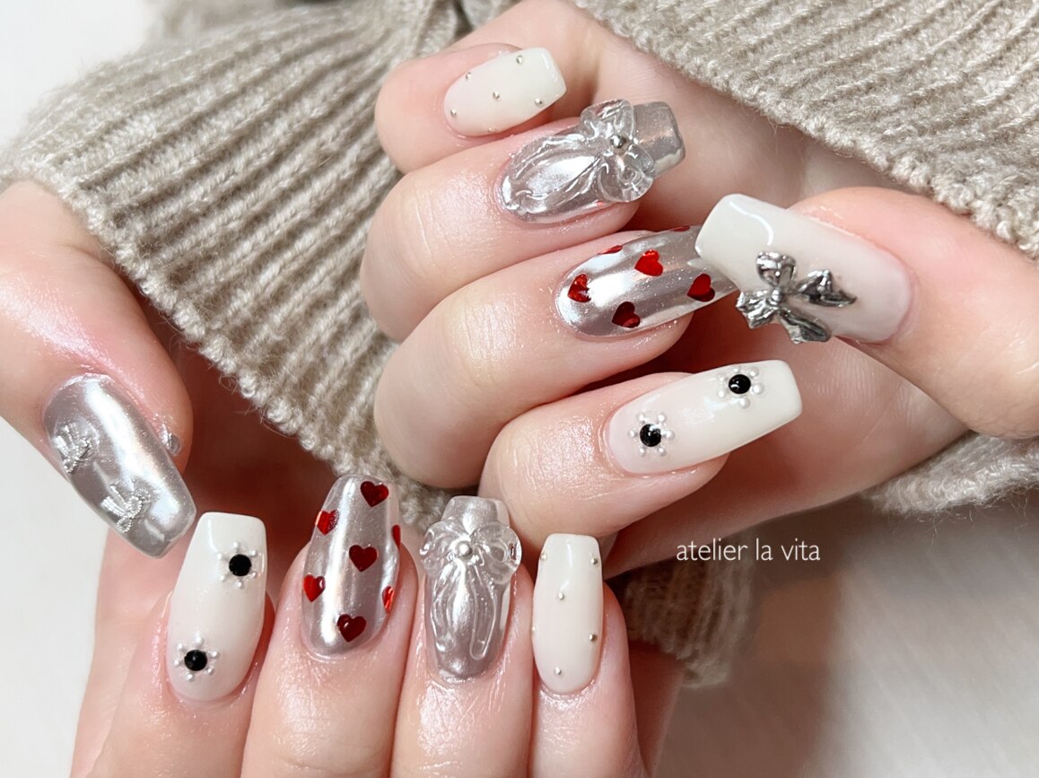 29))ネイルチップ フレンチガーリー ミラーネイル シルバー ハート
