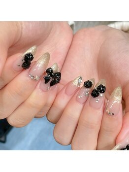 ネイルアンドアイラッシュスタジオ シュシュ(chouchou)/グラデ黒薔薇黒リボンストーン