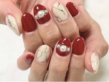 大粒パール×天然石ネイル