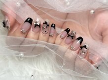 プティ アイビューティ 北浜店(peTiT eyebeauty)/リボンネイル　黒フレンチネイル