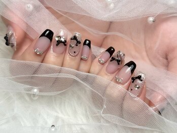 プティ アイビューティ 北浜店(peTiT eyebeauty)/リボンネイル　黒フレンチネイル