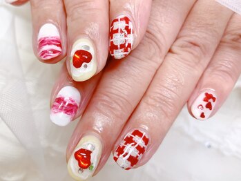 ケーキネイル/チェック/クリーム