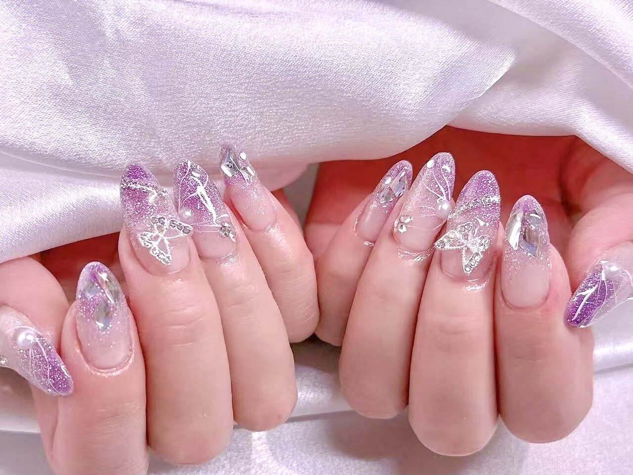 ピンクブルーワンホンニュアンスネイル オーロラ 韓国 ビジュー ハート