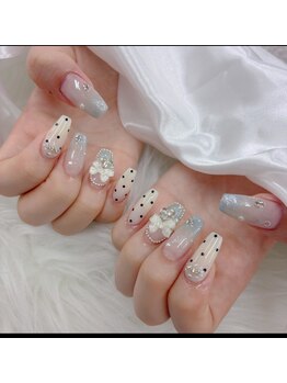 デュリブリンクネイル 高田馬場(Duli blink nails)/ちゅるんグレージュリボンネイル