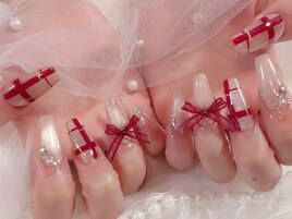 X'masネイル2025/チェックリボン