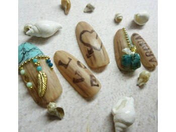 コットンローズ(Cotton Rose)/ターコイズ&木目ネイル