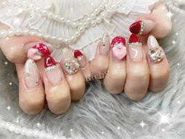 赤フレンチ推しネイル＋パーツ