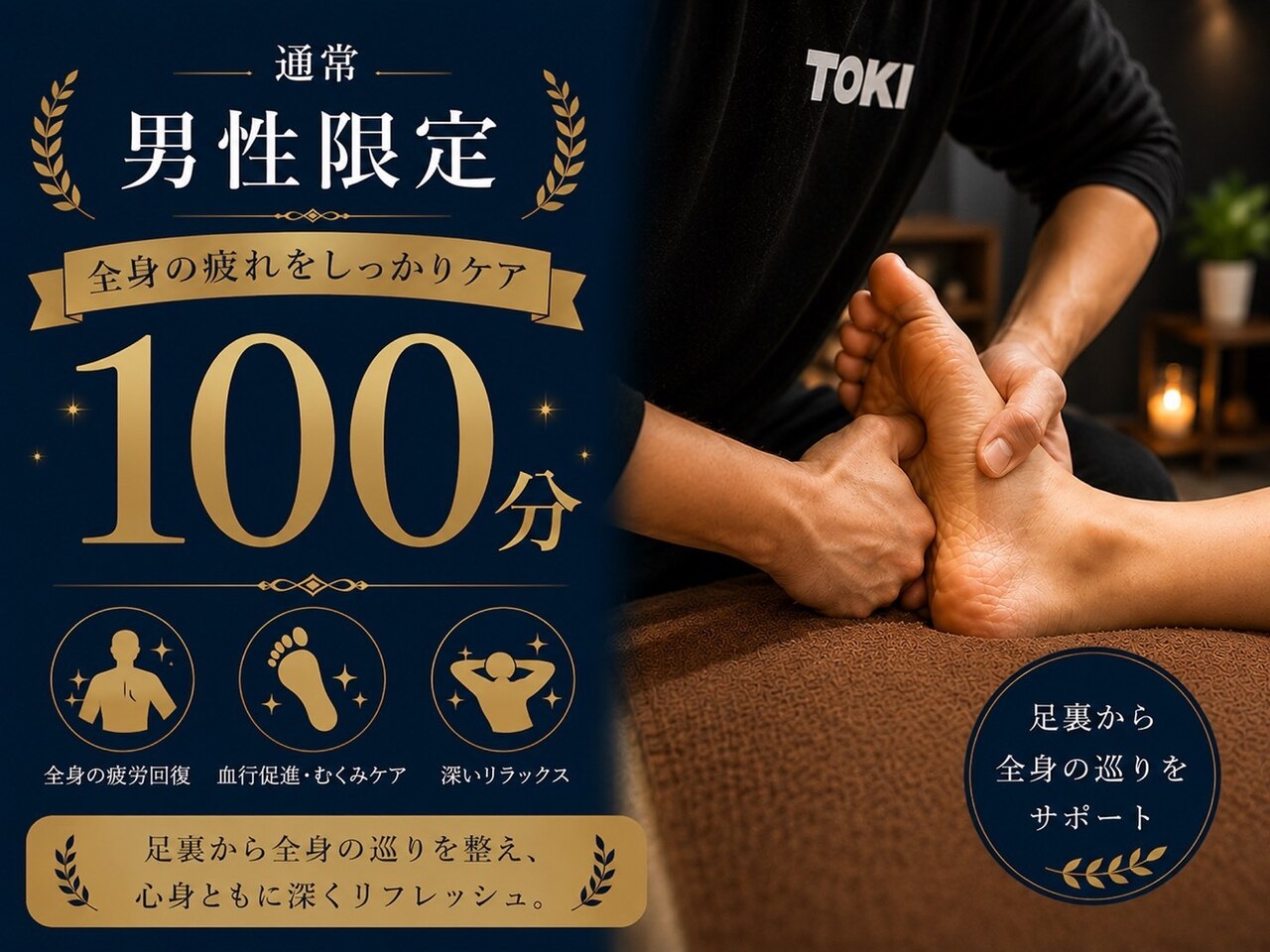 男性限定：徹底的にほぐす　本格足つぼ 100分 \10000