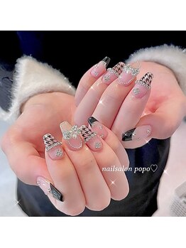 nail salon popo 新宿三丁目2号店　〈韓国ネイル×ワンホンネイル×長さだし〉/千鳥格子ネイル♪ワンホンネイル