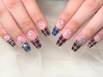 チェックネイル フレンチ バラ