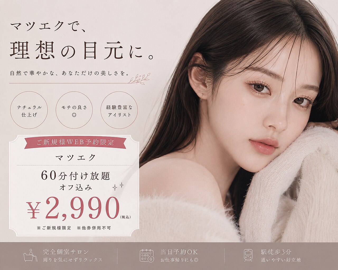 期間限定☆WEB予約60分付け放題フラット/セーブル￥5000→￥2990オフ込☆新宿