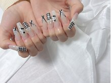 縁/ロングネイル × 千鳥柄