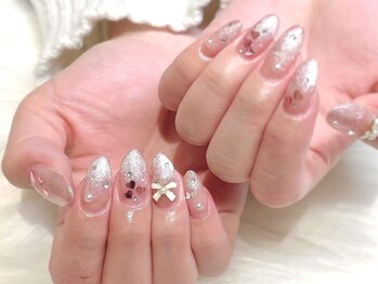 リボン ハート ピンクネイル