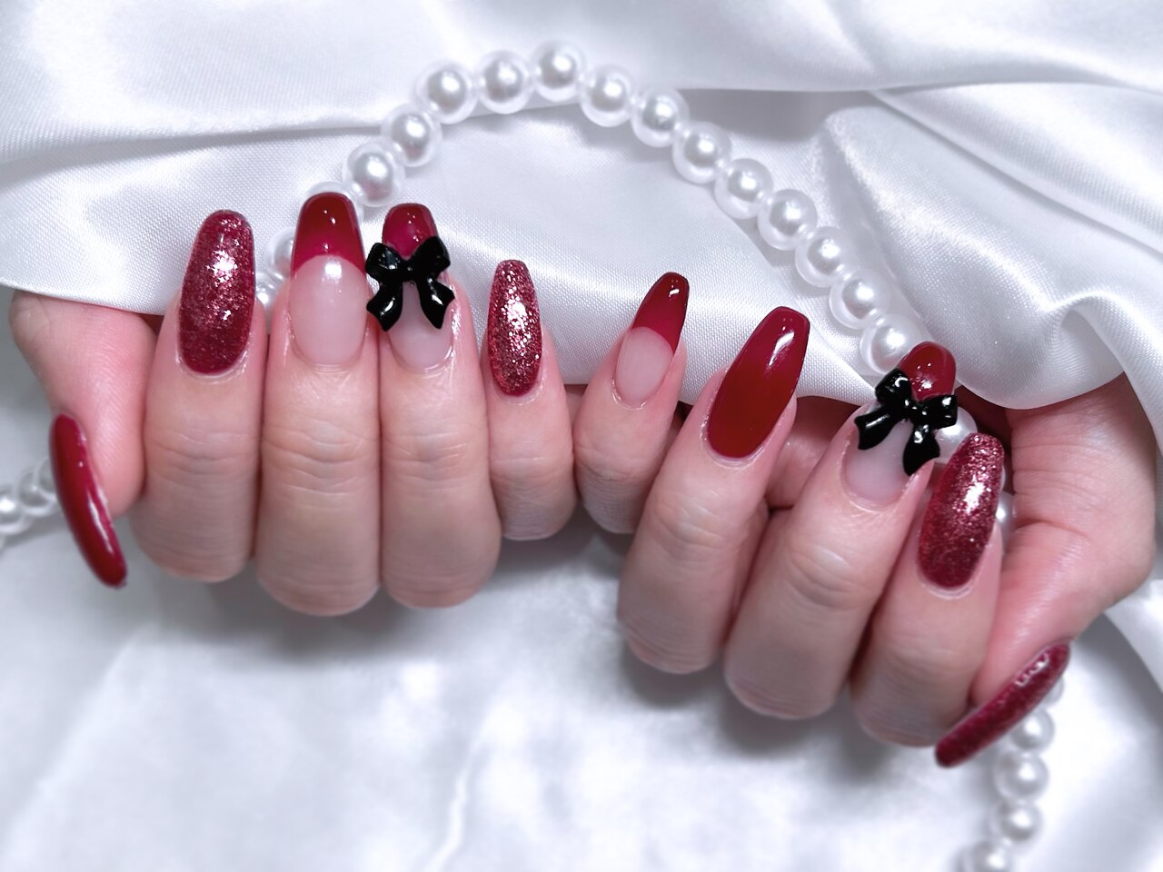 ネイルチップ フレンチネイル 赤 リボン ワンホンネイル 韓国 サイズ