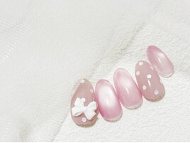 ぷっくりリボン/ドット柄/ピンク