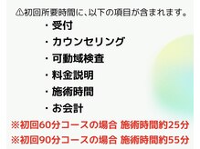 初回施術注意事項。施術時間を必ず確認して下さい。