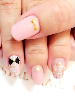 クリスタルネイル ボンベルタ橘店(CRYSTAL NAIL)/リボン×ツイードネイル