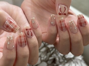 ラクエ(Laque)/チェック リボンネイル ボルドー