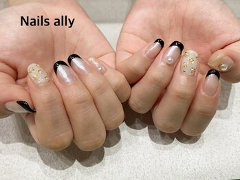ネイルズアリー 立川店(Nails ally)/オーロラミラー×フレンチ×お花