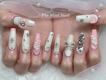 ピオミエルネイル 新宿(pio miel nail)/ホワイト×ピンク×レースリボン