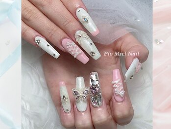 ピオミエルネイル 新宿(pio miel nail)/ホワイト×ピンク×レースリボン