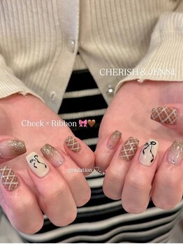 チェック×リボンネイル