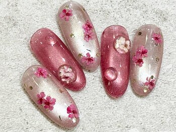 マグネット ピンク 押し花ネイル