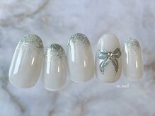 エムドットネイル 池袋(m.nail)/大人めグリーン×リボンネイル