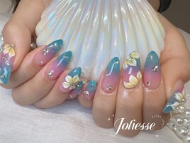 水色×チークネイル3Dフラワー