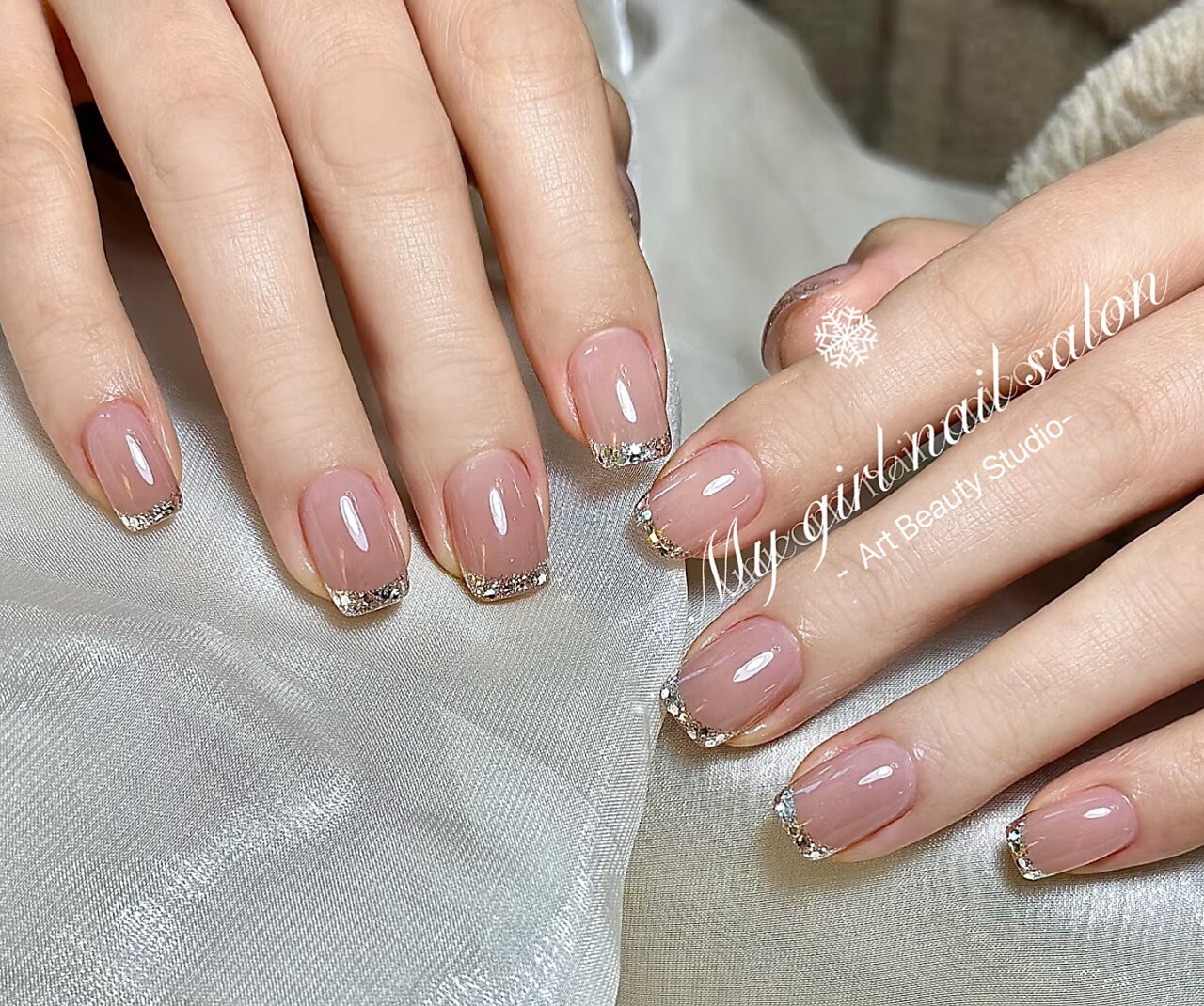 人気☆ネイルチップ量産型ツイードビジューオーダーガラスフレンチ韓国