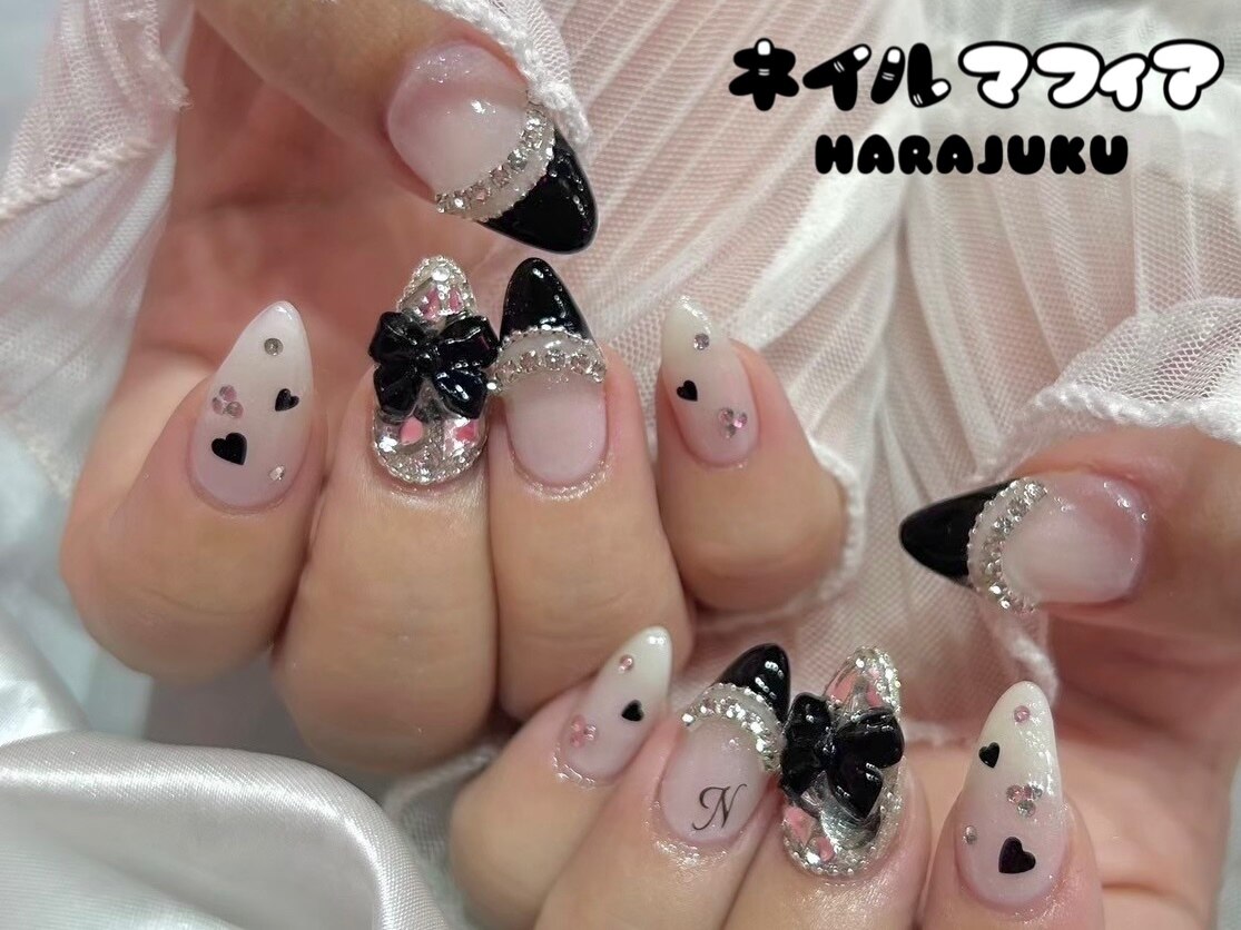 64))フレンチガーリー リボンネイル ブラック ストーンネイル 派手ネイル 64))フレンチガーリー リボンネイル ブラック ストーンネイル