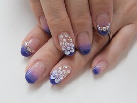 青ネイビー白3D花パールグラデ