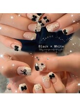 nail salon popo 新宿三丁目2号店　〈韓国ネイル×ワンホンネイル×長さだし〉/Black＆White☆