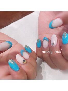 ハーティーネイル hearty nail 溝の口店/ホワイト×水色ネイル