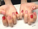 チェック＋リボンネイル