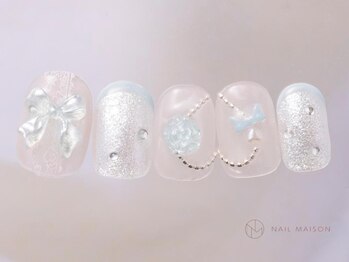 ネイルメゾン 渋谷店(NAIL MAISON)/水色カラーラメリボン¥7500