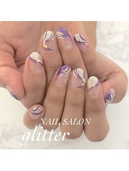 ネイルサロン グリッター(NAIL SALON glitter)/紫の変形フレンチネイル