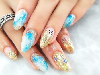 ネイルサロン シェル(Nail Salon SHELL)/ブルーの天然石風ネイル