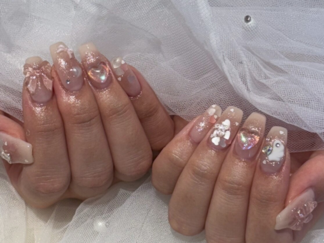 ［14］ネイルチップ リボン 韓国 らくがき ホログラム ハート オーダー 14］ネイルチップ リボン 韓国 らくがき ホログラム ハート オーダー