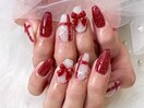 リボン×赤チェックネイル