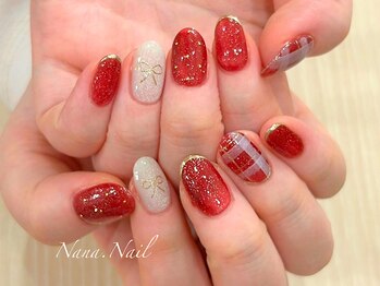 ナナネイル(Nana.Nail)/シュガーラメ×赤チェックネイル